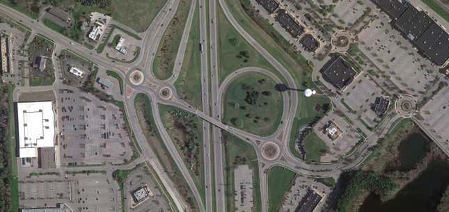 The ever-challenging Lee Rd traffic circles, along U.S. 23, via Google Map satellite.