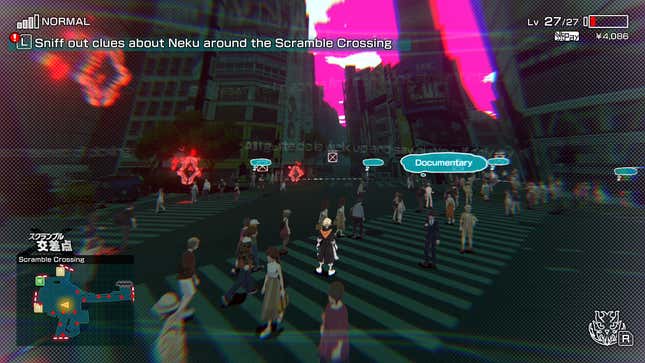 A screenshot from Neo: The World Ends With You showing enemies floating over the streets of Shibuya Crossing.