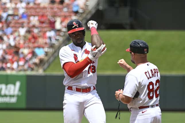 July 2, 2023;  St. Louis, Missouri, USA;  St. Louis Cardinals left fielder Jordan Walker (18) reacts after hitting an RBI single against the New York Yankees in the fourth inning at Busch Stadium.