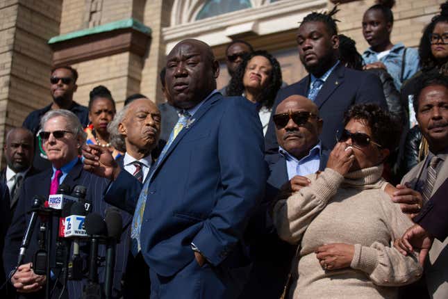 Attorney Benjamin Crump speaks during a press conference while surrounded by family members of victims of the Buffalo supermarket shooting outside the Antioch Baptist Church on Thursday, May 19, 2022, in Buffalo, N.Y.