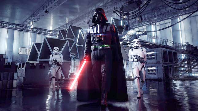 Darth Vader and Storm Troopers appear in Star Wars: Battlefront II.