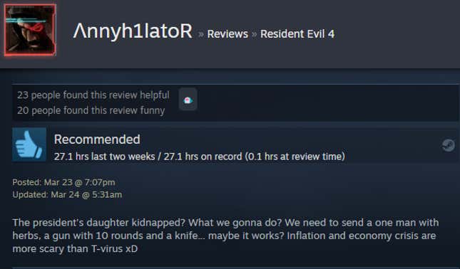 A screenshot of a Steam user text review for the game Resident Evil 4.