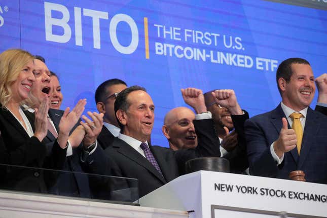 Michael Sapir, CEO of ProShares, rings the opening bell celebrating ProShares Bitcoin Strategy ETF trading as BITO on the NYSE Arca, at the New York Stock Exchange on October 19, 2021.