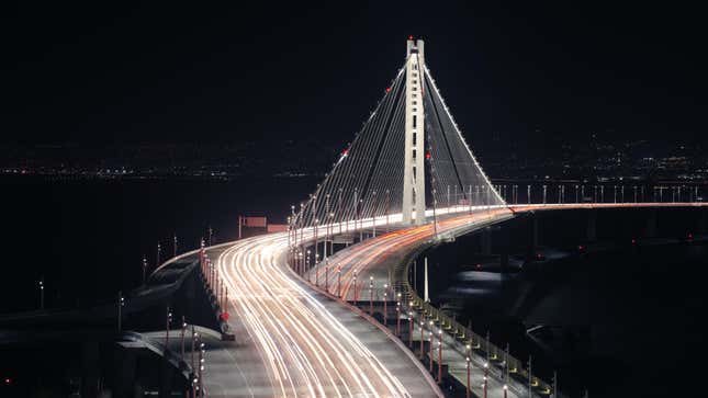 A night-time photo of the Bay Bridge's eastern span