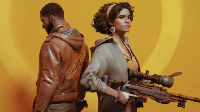 Deathloop's leads, Julianna and Colt, stand with their backs to each other, Julianna glancing toward the camera and holding a sniper rifle.