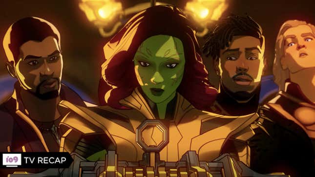 The animated T'Challa, Gamora, Killmonger, and Thor stand together in Marvel's What If.