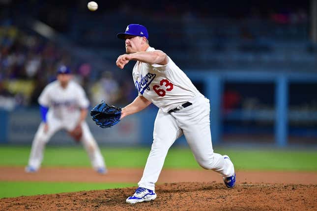 May 16, 2023;  Los Angeles, California, USA;  Los Angeles Dodgers relief pitcher Justin Bruehl (63) throws against the Minnesota Twins during the eighth inning at Dodger Stadium.
