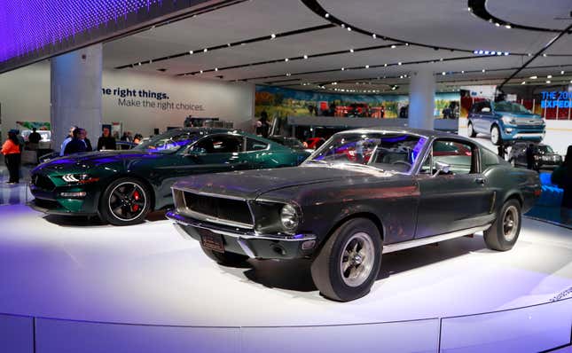 Past and present: The Ford Mustang featured in the 1968 movie “Bullitt,” and its newest model.
