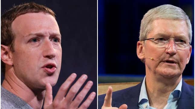 A metaverse-esque virtual simulation of what it might be like if Mark Zuckerberg (left) and Tim Cook (right) were actually to fight. 