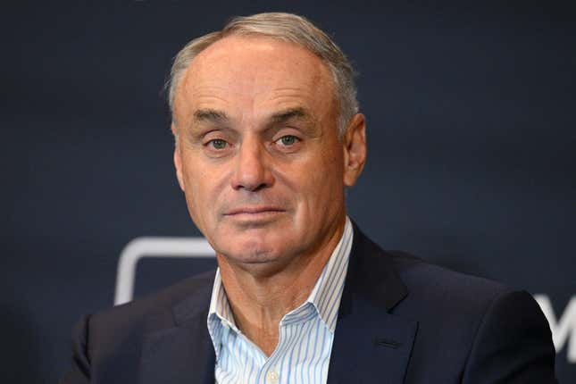 Dec 7, 2022; San Diego, CA, USA; MLB commissioner Rob Manfred looks on during the presentation of the Allan H. Selling Award for philanthropic excellence during the 2022 MLB Winter Meetings at Manchester Grand Hyatt.