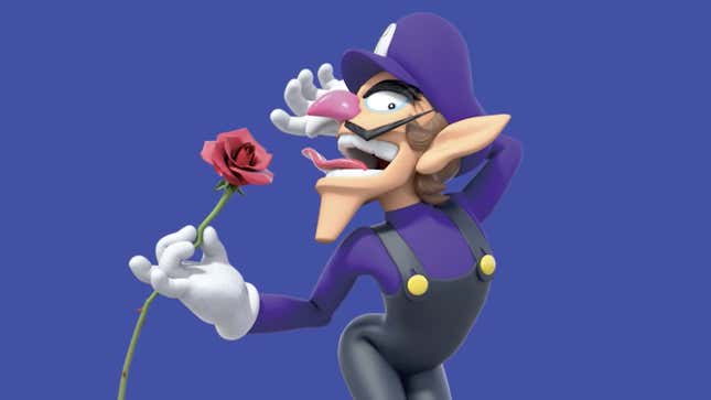 Waluigi strikes an oddly sexual pose, extending his tongue toward a rose held in his right hand.