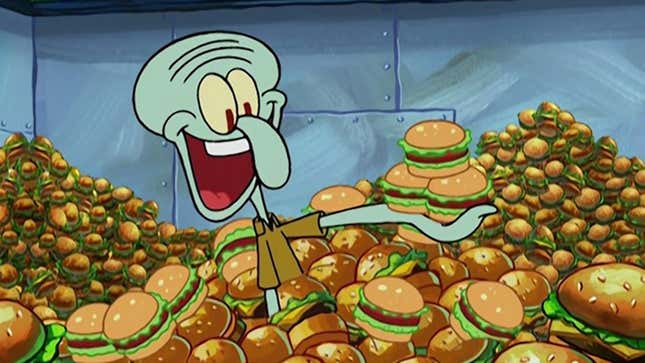 Squidward holding Krabby Patty amid mountain of burgers
