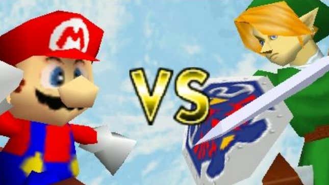 Mario and Link face-off in the versus screen of Smash Bros. 64. 