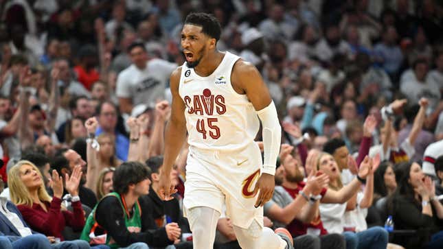 Donovan Mitchell of the Cleveland Cavaliers celebrates during the second quarter of Game One of the Eastern Conference First Round Playoffs against the New York Knicks.