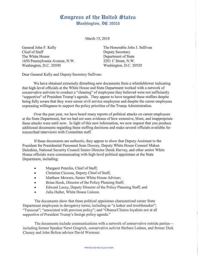 Page one of a letter from the House Oversight committee requesting more information on whether Trump's White House planned a purge of career civil servants deemed "insufficiently loyal"