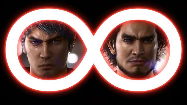 A red sideways eight circles around Kiryu and Ichiban's faces. 