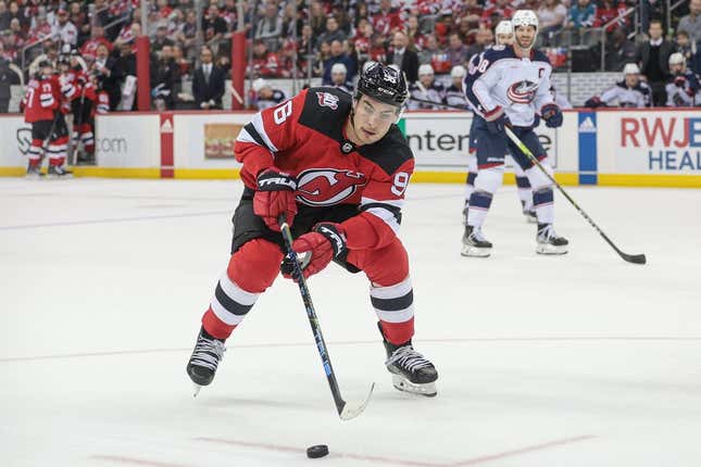 Apr 6, 2023; Newark, New Jersey, USA; New Jersey Devils right wing Timo Meier (96) skates with the puck during the first period against the Columbus Blue Jackets at Prudential Center.