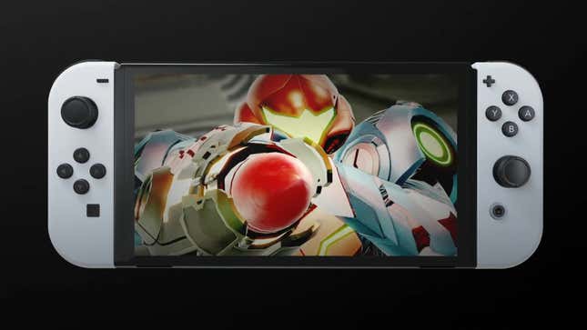 The new Nintendo Switch (OLED Model) displaying an image from Metroid Dread.