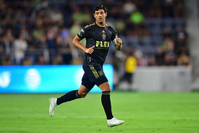 August 2, 2023; Los Angeles, CA, USA; Los Angeles FC forward Carlos Vela (10) in action against FC Juarez during the first half at BMO Stadium.