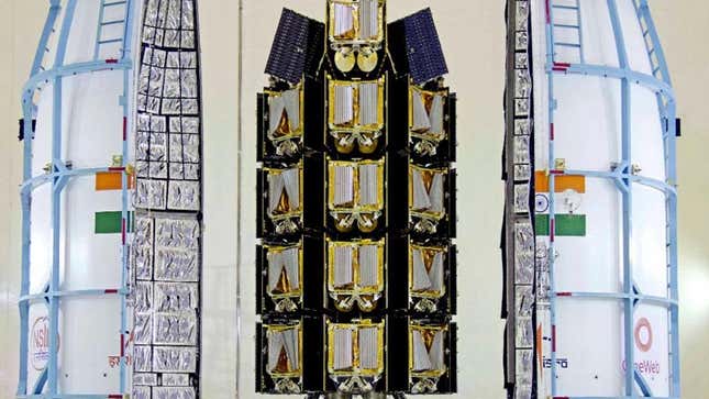 The OneWeb satellites tucked inside India’s GSLV Mark III rocket.
