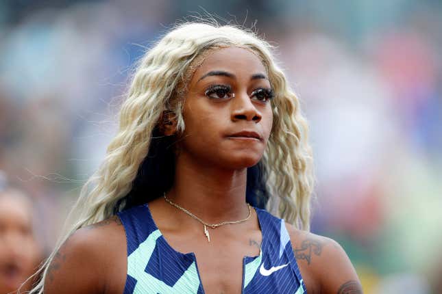 Sha’Carri Richardson reacts after finishing last in the 100m race during the Wanda Diamond League Prefontaine Classic at Hayward Field on August 21, 2021 in Eugene, Oregon. (Photo by Jonathan Ferrey/Getty Images