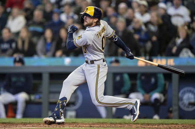 Apr 19, 2023; Seattle, Washington, USA; Milwaukee Brewers second baseman Brice Turang (0) hits a two-run double during the seventh inning against the Seattle Mariners at T-Mobile Park.