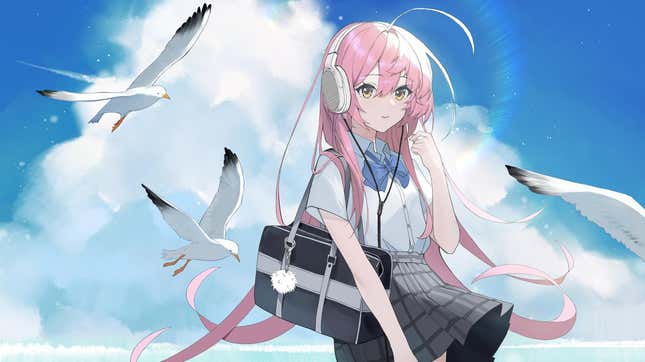 An anime girl wearing headphones stands in front of a cloudy sky surrounded by seagulls.