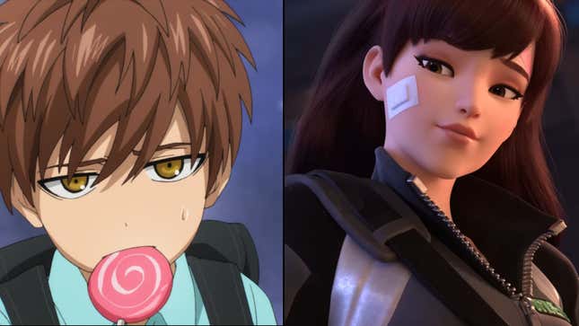 A side-by-side image comparison of Overwatch's D.Va and One Punch Man's Child Emperor.