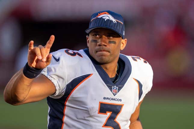 August 19, 2023; Santa Clara, California, USA; Denver Broncos quarterback Russell Wilson (3) during halftime against the San Francisco 49ers at Levi&#39;s Stadium.