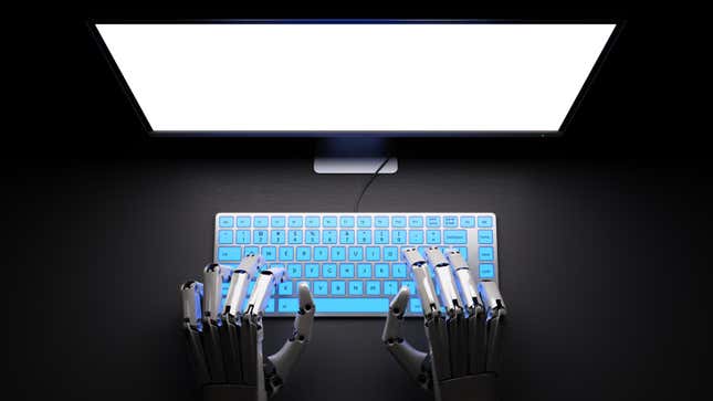 Robot typing on fluorescent keyboard with bright white screen