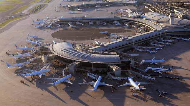 An aerial view of the Lester B. Pearson airport as photographed from an airplane on August 28, 2012 in Toronto, Canada.