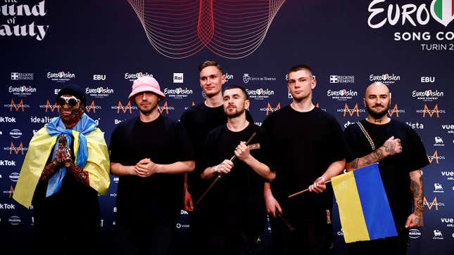 Kalush Orchestra from Ukraine pose for photographers after winning the 2022 Eurovision Song Contest, in Turin, Italy, May 15, 2022. REUTERS/Yara Nardi