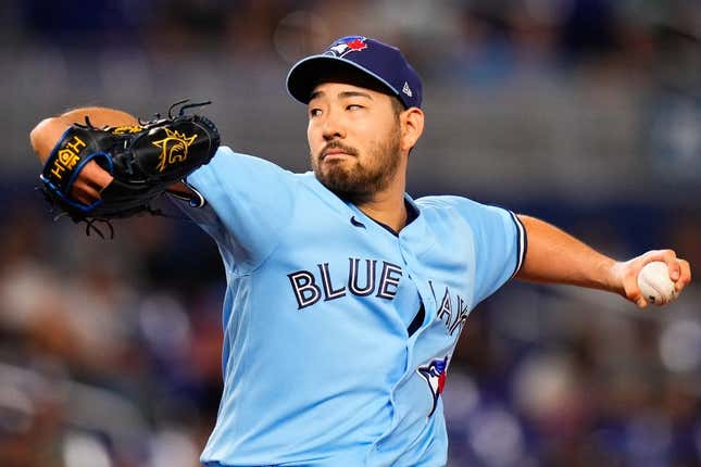 Jun 20, 2023; Miami, Florida, USA; Toronto Blue Jays starting pitcher Yusei Kikuchi (16) throws a pitch against the Miami Marlins during the first inning at loanDepot Park.