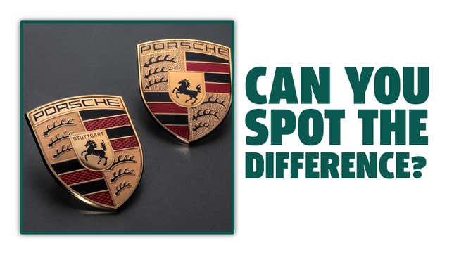 A photo of the new Porsche logo with the caption "Can you spot the difference?" 