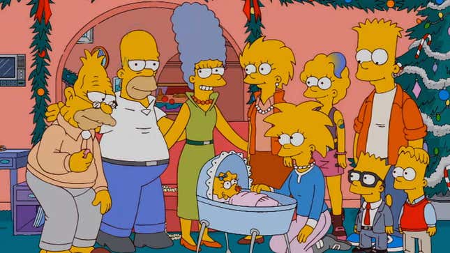 A screenshot of The Simpsons shows an older Simpsons family near a Christmas tree. 