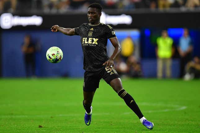Aug 3, 2022; Los Angeles, California, US; LAFC defender Mamadou Fall (5) moves the ball against Club America during the first half at SoFi Stadium.