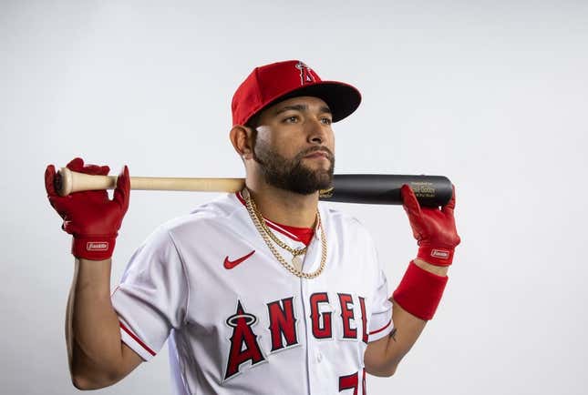 Feb 21, 2023; Tempe, AZ, USA; Los Angeles Angels catcher Jose Godoy poses for a portrait during photo day at the teams practice facility.