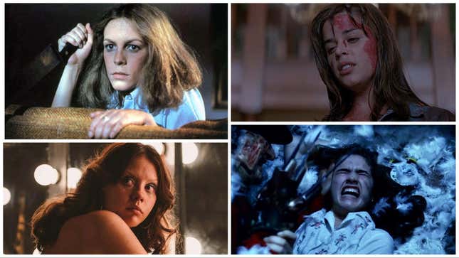 Clockwise from top left: Jamie Lee Curtis in Halloween (Everett Collection), Neve Campbell in Scream (Dimension Films/Everett Collection), Heather Langenkamp in A Nightmare On Elm Street (New Line), Mia Goth in X (A24)