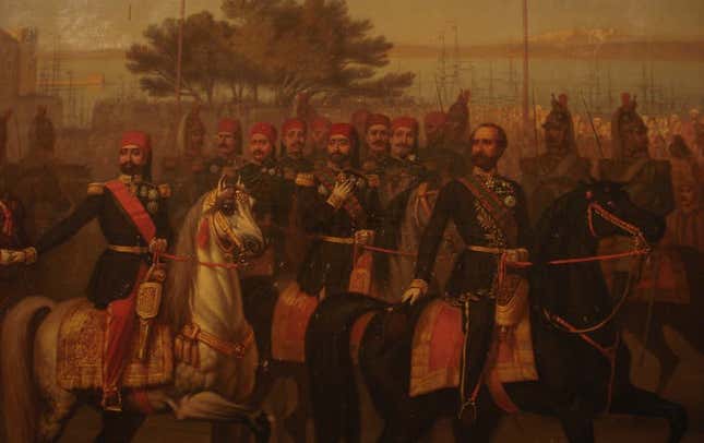 The Bey of Tunis, Muhammad Sādiq Bāšā-Bey, greets Napoleon III in Algiers, on 20 September 1860.