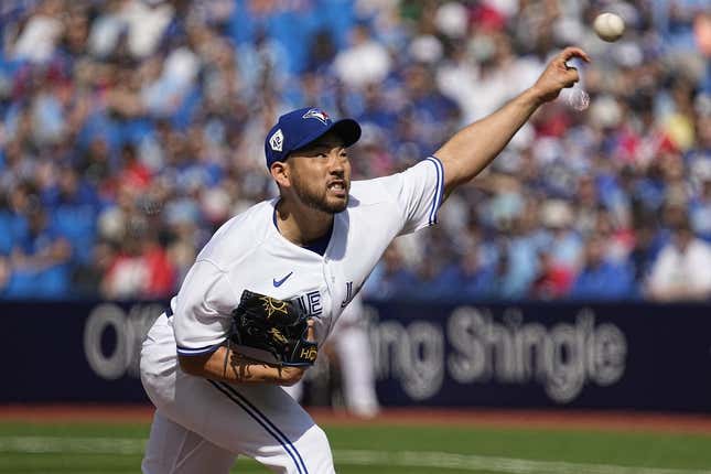 Apr 15, 2023; Toronto, Ontario, CAN; Toronto Blue Jays pitcher Yusei Kikuchi pitches to the Tampa Bay Rays during the first inning on Jackie Robinson day at Rogers Centre.