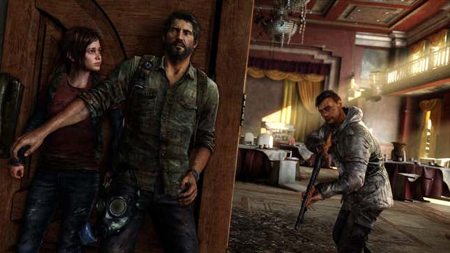 The Last of Us video game characters Ellie and Joel hide as another character hunts for them with a gun drawn.