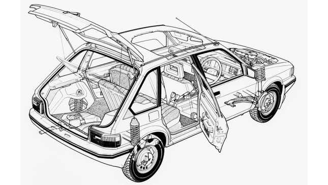 A technical diagram showing the details of an Austin Maestro hatchback 