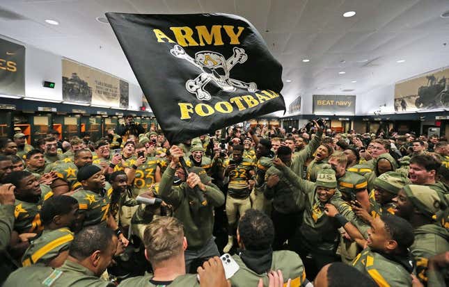 Dec 10, 2022; Philadelphia, Pennsylvania, USA; Army Black Knights head coach Jeff Monken celebrates after a 20-17 win against the Navy Midshipmen in double overtime of the 123rd Army-Navy game at Lincoln Financial Field.