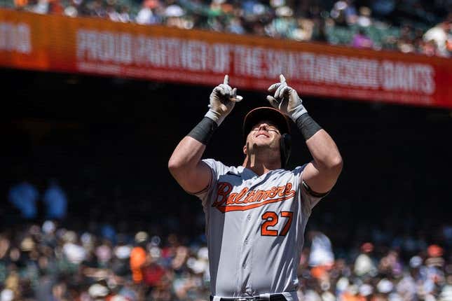 Jun 4, 2023; San Francisco, California, USA; Baltimore Orioles catcher James McCann (27) celebrates after hitting a solo home run against the San Francisco Giants during the sixth inning at Oracle Park.