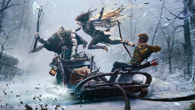 Kratos drives a sled through a snowstorm while a witch jumps and attacks him with a sword