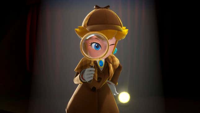Princess Peach peers through a magnifying glass while wearing a detective costume.