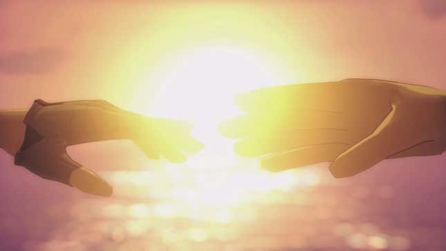 Two hands reach for each other against the backdrop of a sun's intensely bright light.