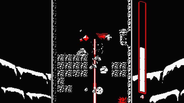 The Downwell character falls deeper into a well.
