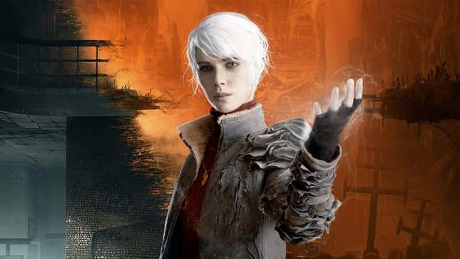 A young woman standing in a strange world with white hair and magical hands