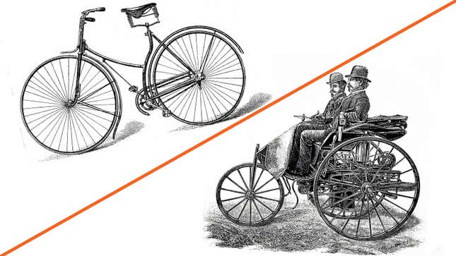 An illustration of the first bike and the first car next to each other. 